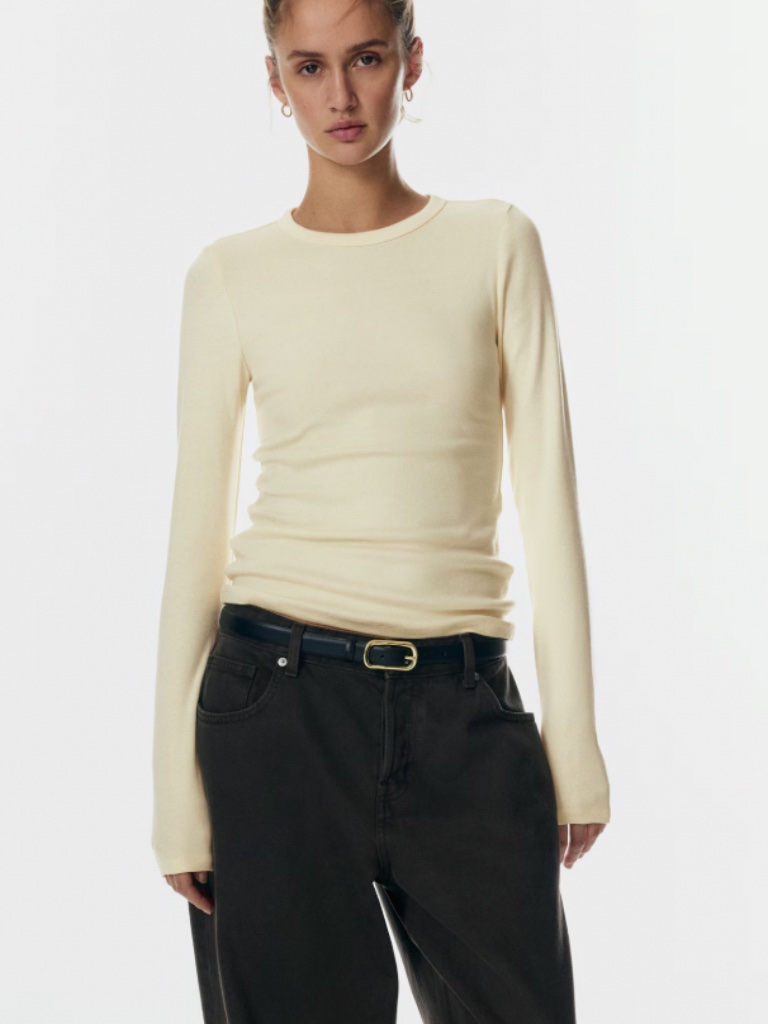 Long Sleeve Jersey Top. Pastel Yellow. Size S